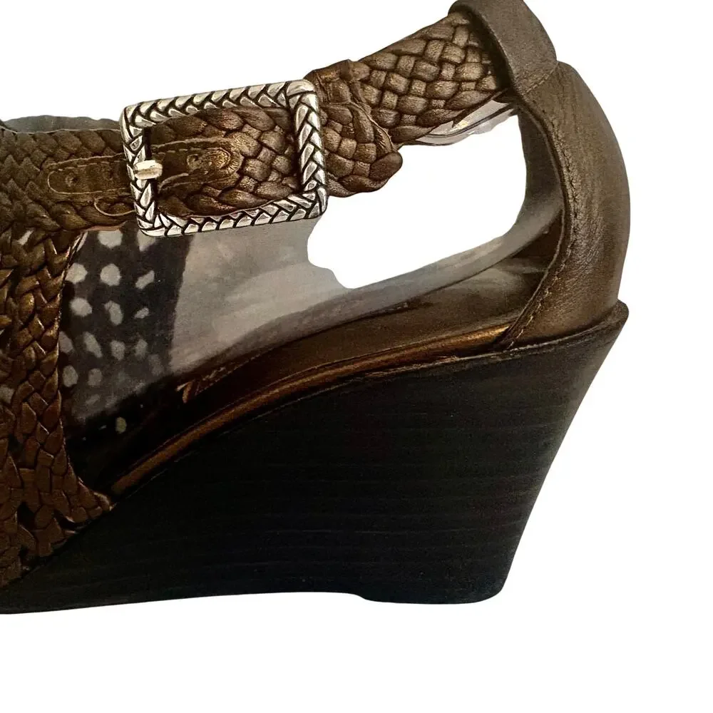 Brighton Realm Bronze Leather Woven Basketweave Wedge Sandals Feminine Boho